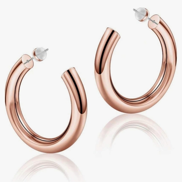 Turandoss 14K Rose Gold Plated 1 Inch Diameter Chunky Hoops - Picture 1 of 8